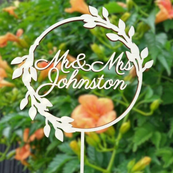 Mr & Mrs Wedding Cake Topper, Mirror Acrylic Personalised Wreath Cake Toppers, Party Cake Decorations - Image 2