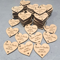 Personalised Wedding Favours Love Heart Table Decorations, Wedding Drinks Tokens, Wooden Wedding Table Decor, Birthday Tokens