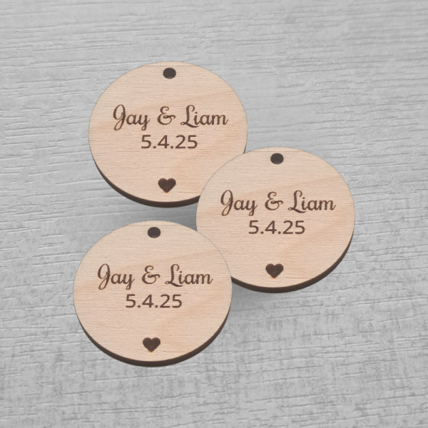 Personalised Wedding Favours Round Rustic Table Decorations, Wedding Drinks Tokens, Wooden Wedding Table Decor - Image 3
