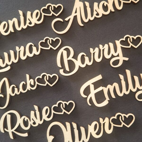 Personalised Wooden Wedding Names, Wedding Place Names, Love Heart Design Wedding Table Decor, Wedding Cake Topper Names - Image 3