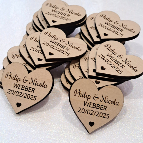 Personalised Wedding Favours Love Heart Table Decorations, Wedding Drinks Tokens, Wooden Wedding Table Decor, Birthday Tokens - Image 2