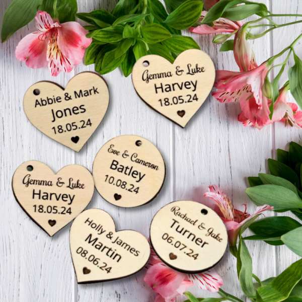Personalised Wedding Favours Love Heart Table Decorations, Wedding Drinks Tokens, Wooden Wedding Table Decor, Birthday Tokens - Image 12