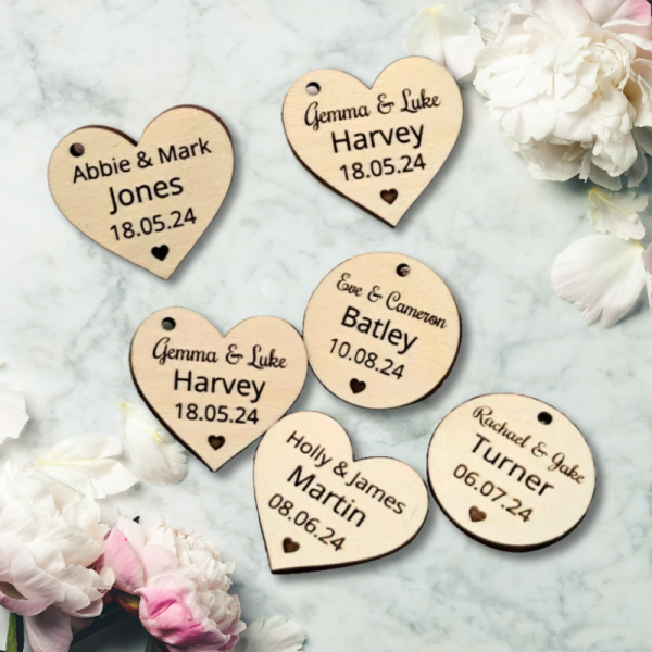 Personalised Wedding Favours Love Heart Table Decorations, Wedding Drinks Tokens, Wooden Wedding Table Decor, Birthday Tokens - Image 11
