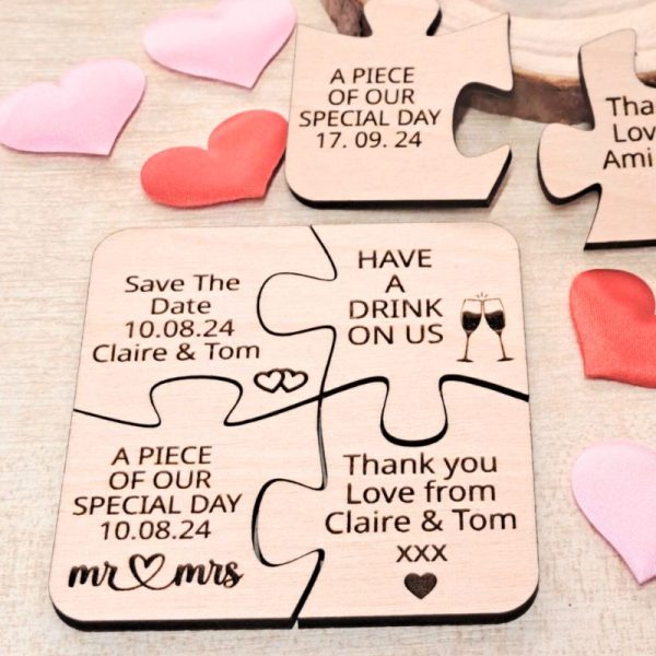 Personalised Puzzle Piece Wedding Favours Table Decorations, Personalised Wedding Drinks Tokens, Wooden Puzzle Wedding Table Decor, Party Favors, Anniversary Favours - Image 3