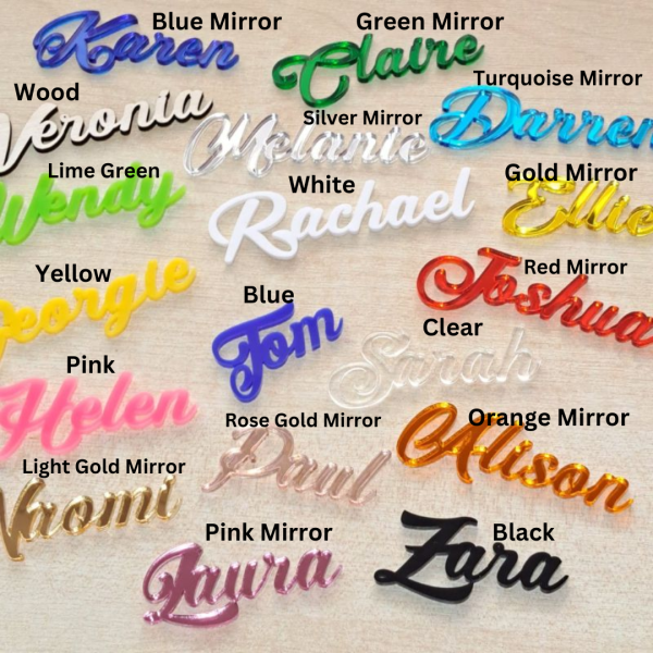 Personalised Name Tags, Fancy Text Wedding Table Names, Mirror Acrylic Cake Topper Names, Wedding Guest Personalised Names - Image 3