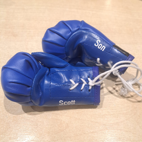 Personalised Blue Mini Boxing Gloves For Cars & Gifts - Image 4