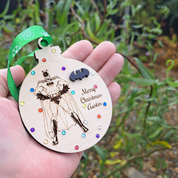 Batman Christmas Bauble With Crystals, Personalised Batman Xmas Baubles, Superhero Xmas Tree Decorations - Image 2