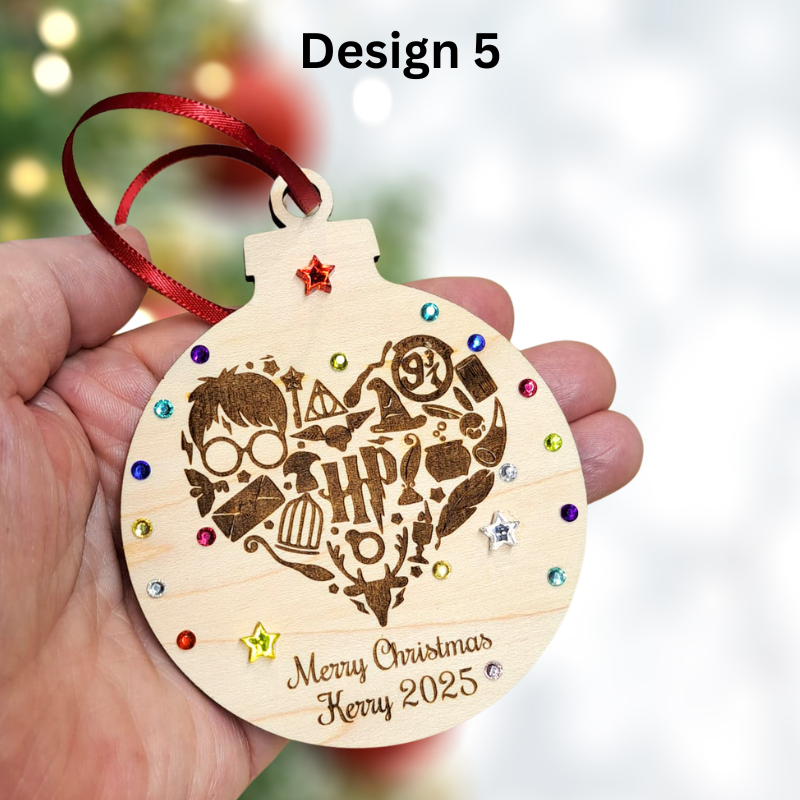 Harry Potter Xmas Baubles, Personalised Harry Potter Christmas Baubles, Wooden Rustic Harry Potter Tree Decorations - Image 2