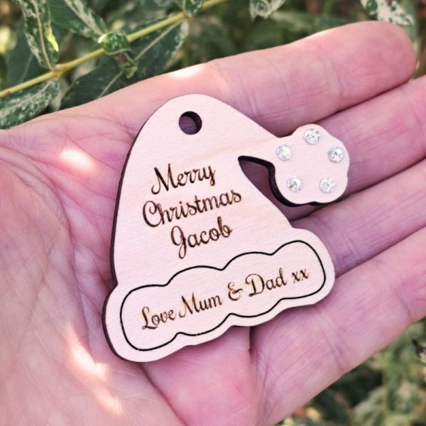 Santa Hat Personalised Christmas Gift Tags, Xmas Present Gift Tags, Xmas Wrapping Tags, Crystal Xmas Gift Embellishments - Image 2