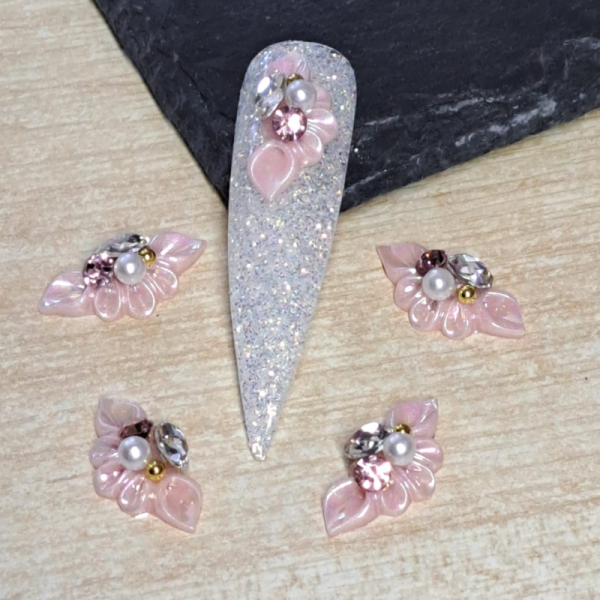 3D Pink Flower Nail Art Charms With Crystals
