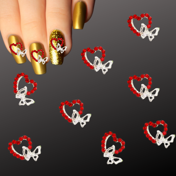 Red Crystal Heart Butterfly Nail Art Charm Design 2