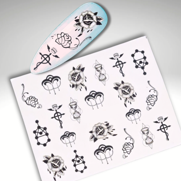 Boho Nail Art Water Decals Design 976, Black Boho Water Decals