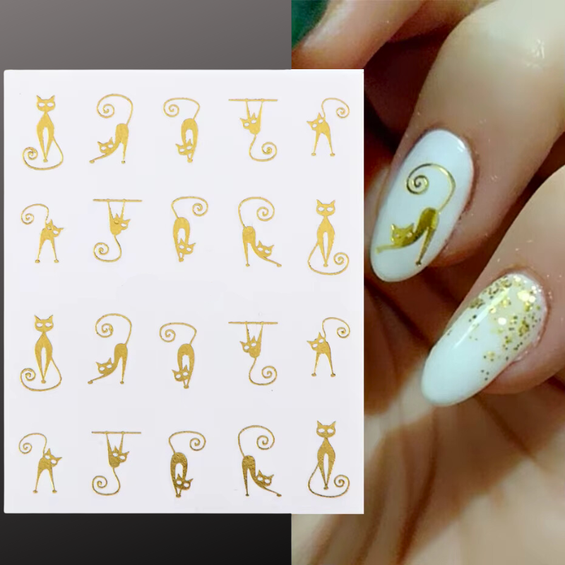Cat Nail Art Water Decals Design 063, Gold And Silver Pussy Cat Water Slide Decals - Image 2