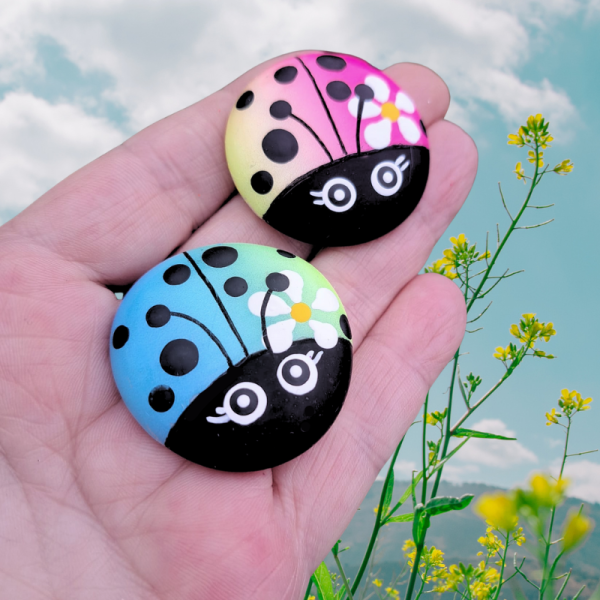 Daisy Ladybird Pocket Hug Pebbles, Hand Painted Ladybug Glass Pebble Xmas Stocking Filler Friend Gift - Image 2