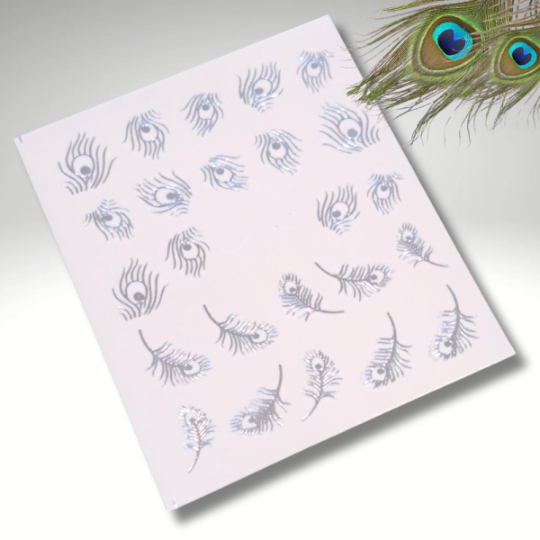 Peacock Nail Art Water Decals Design 082, Gold And Silver Peacock Feather Water Slide Decals - Image 2