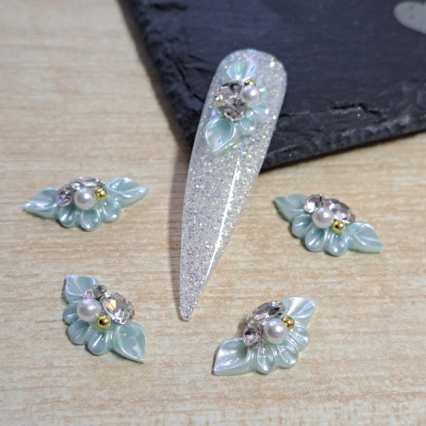 3D Aqua Flower Nail Art Charms With Crystals