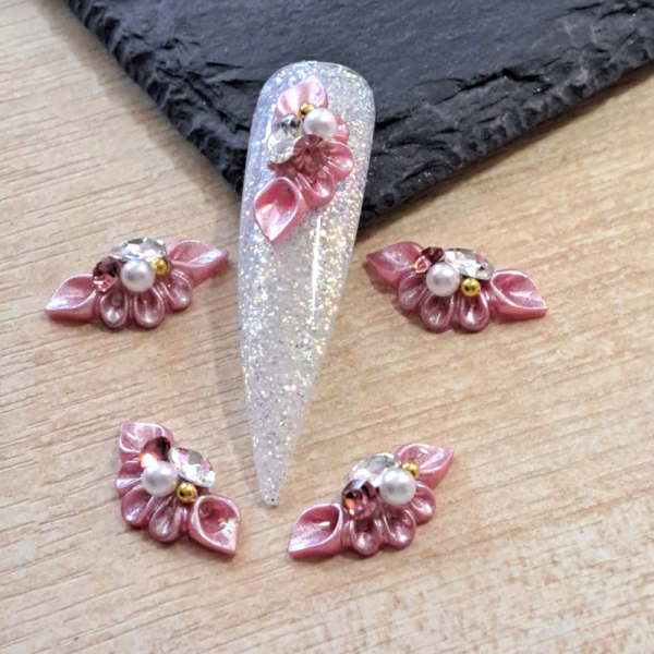 3D Rose Pink Flower Nail Art Charms With Crystals