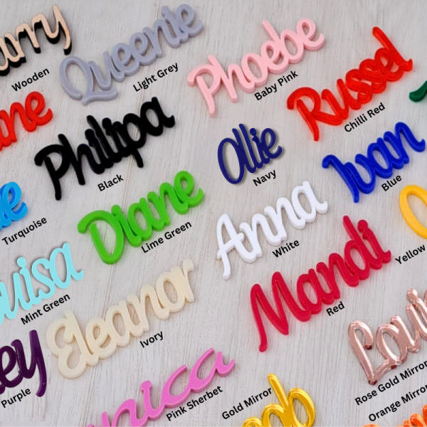 Personalised Name Tags, Wedding Place Names, Mirror Acrylic Cake Topper Names, Script Name Plaques