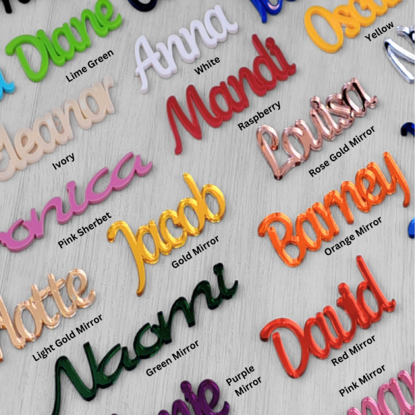 Personalised Name Tags, Wedding Place Names, Mirror Acrylic Cake Topper Names, Script Name Plaques - Image 4