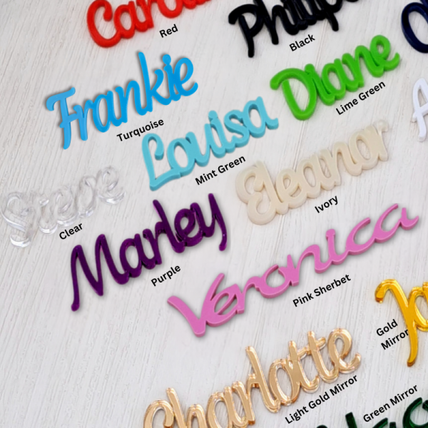 Personalised Name Tags, Wedding Place Names, Mirror Acrylic Cake Topper Names, Script Name Plaques - Image 8