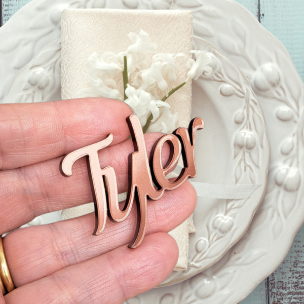 Personalised Name Tags, Wedding Place Names, Mirror Acrylic Cake Topper Names, Script Name Plaques - Image 5