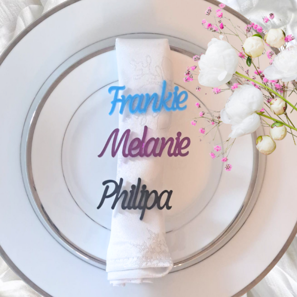 Personalised Name Tags, Wedding Place Names, Mirror Acrylic Cake Topper Names, Script Name Plaques - Image 5