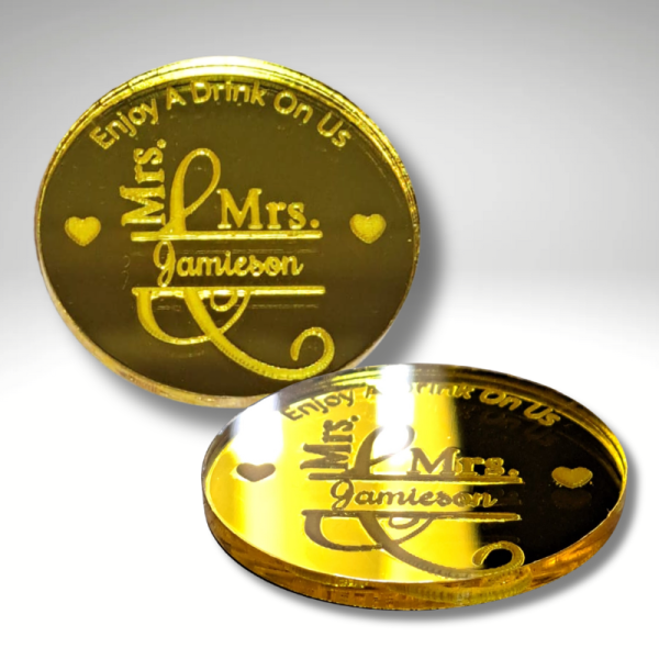 Personalised Wedding Drinks Tokens, Mr and Mrs Wedding Decorations, Have A Drink On Us Tokens - Image 5