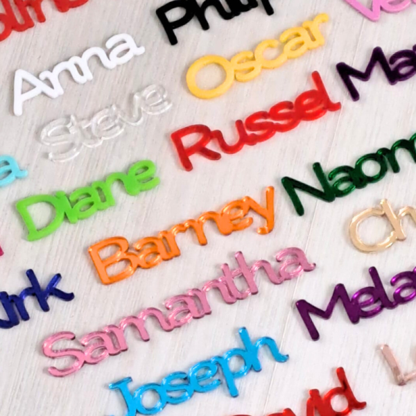 Personalised Script Name Tags, Mirror Acrylic Wedding Place Names, Cake Topper Names, Kids Name Plaques - Image 3