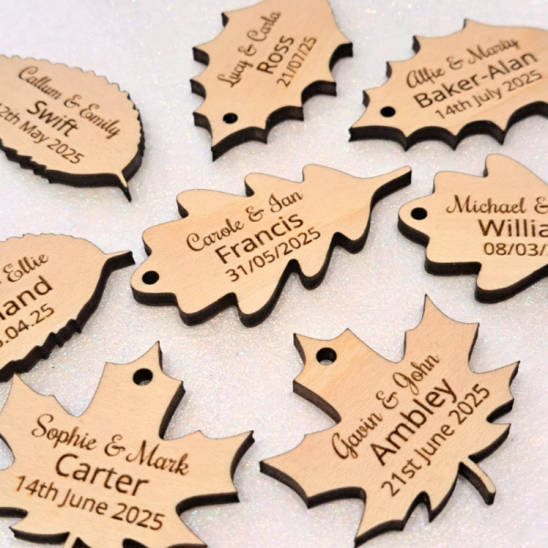 Personalised Wedding Favours, Leaf Wedding Table Decorations, Maple Leaf Wedding Drinks Tokens, Leaves Wooden Wedding Table Decor, Oak Leaf Birthday Tokens - Image 6