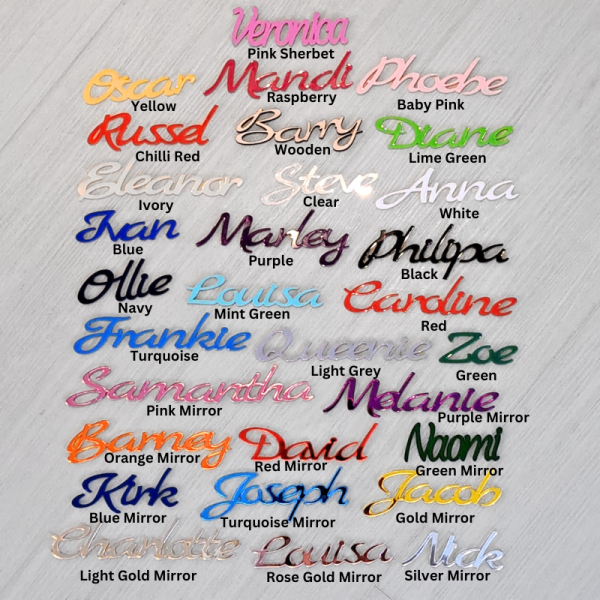 Personalised Name Tags, Wedding Place Names, Mirror Acrylic Cake Topper Names, Kids Name Plaques - Image 4
