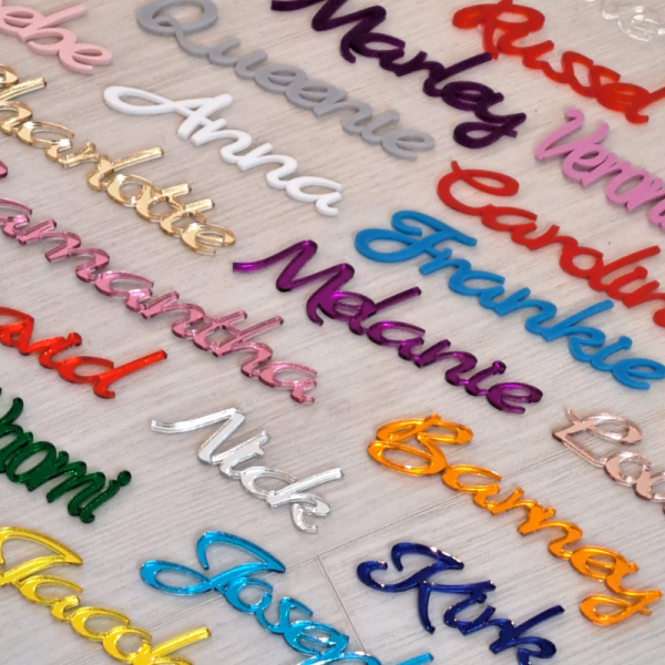 Personalised Name Tags, Wedding Place Names, Mirror Acrylic Cake Topper Names, Kids Name Plaques