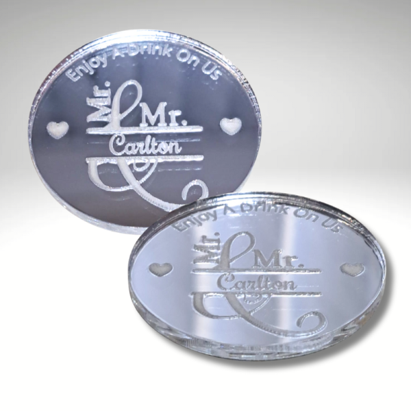Personalised Wedding Drinks Tokens, Mr and Mrs Wedding Decorations, Have A Drink On Us Tokens - Image 2