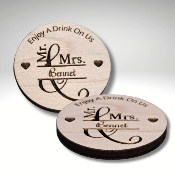 Personalised Wedding Drinks Tokens, Mr and Mrs Wedding Decorations, Have A Drink On Us Tokens - Image 4