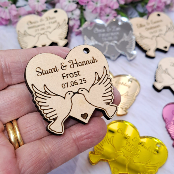 Personalised Dove and heart wedding favours