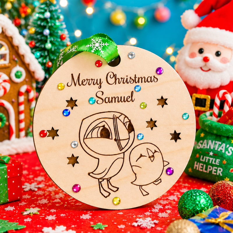 Puffin Rock Xmas Baubles, Personalised Puffin Rock Baubles, Wooden Rustic Crystal Xmas Tree Baubles, Kids Xmas Baubles, Pre School Kids Cartoon Baubles - Image 2