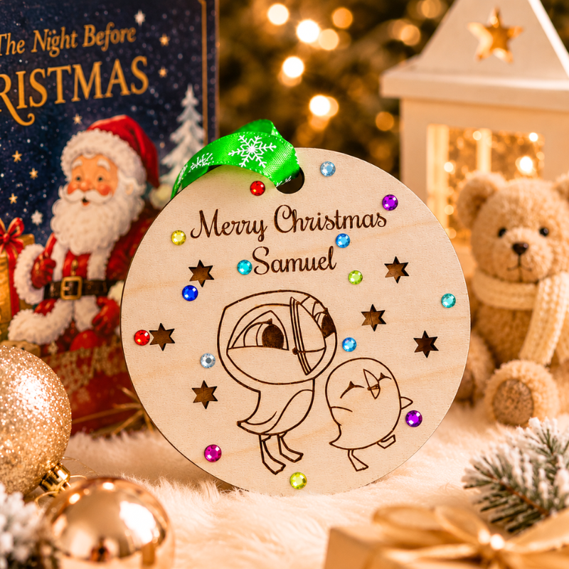 Puffin Rock Xmas Baubles, Personalised Puffin Rock Baubles, Wooden Rustic Crystal Xmas Tree Baubles, Kids Xmas Baubles, Pre School Kids Cartoon Baubles - Image 8