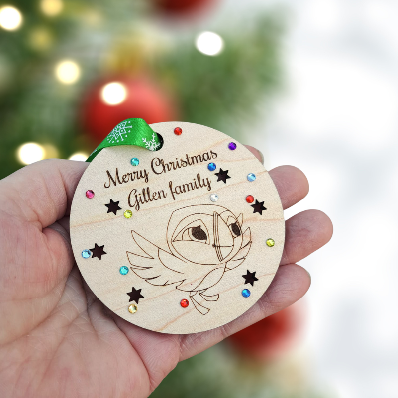 Puffin Rock Xmas Baubles, Personalised Puffin Rock Baubles, Wooden Rustic Crystal Xmas Tree Baubles, Kids Xmas Baubles, Pre School Kids Cartoon Baubles - Image 7