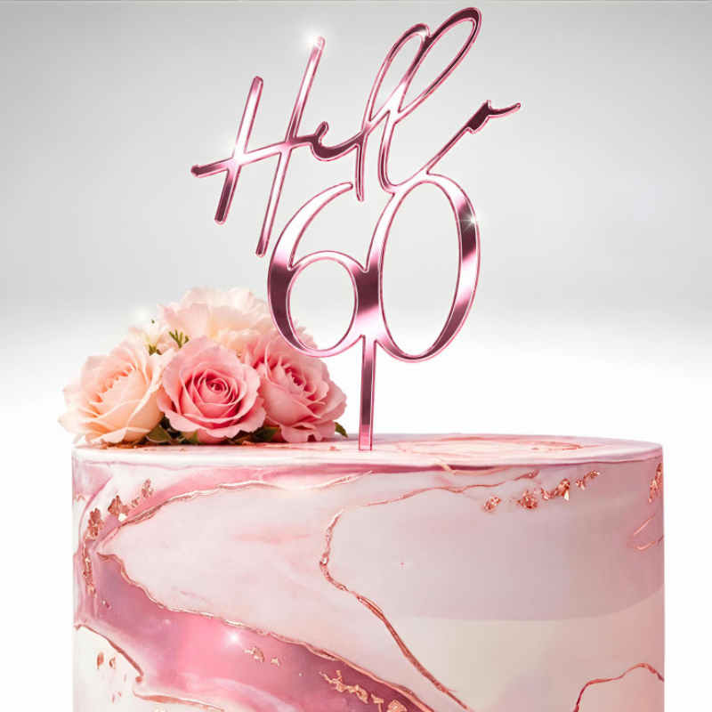 Hello 60 Cake Toppers Mirror Acrylic Hello 60 Birthday Cake Toppers, 60th Birthday Cake Decorations - Image 6