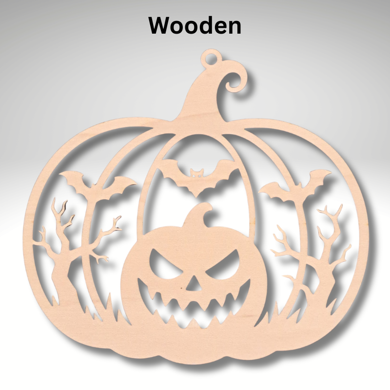 Halloween Wooden Pumpkin And Bats Suncatcher