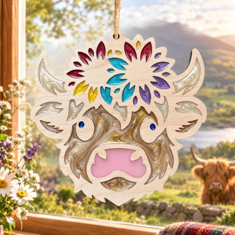 Highland Cow Resin Art Templates Highland Cow Flower Wood Cut Outs Highland Cow Suncatcher Blanks - Image 2